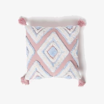 The Range Homescapes Geometric Ikat Tufted Cotton Cushion with Tassels - Blue Pink