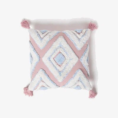 The Range Homescapes Geometric Ikat Tufted Cotton Cushion with Tassels - Blue Pink