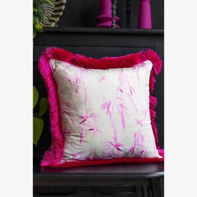 Rockett St George Bamboo Print Cushion with Pink Fringe Edge Detailing