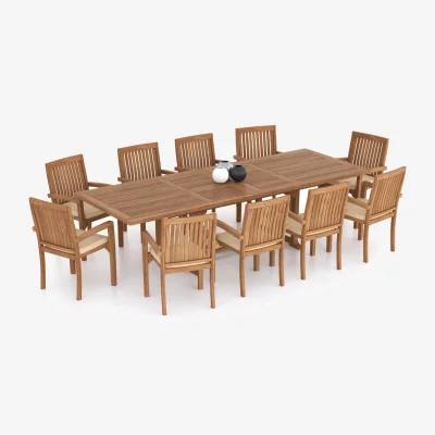 The Range Prague Teak Garden Dining Table and 10 Seat Chair Set - Teak / Table + 10 Chairs + Green Cushions