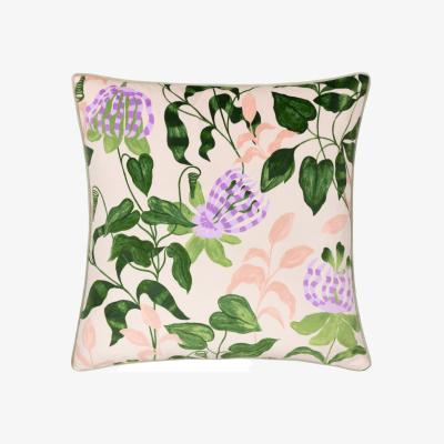 The Range Passiflora Piped Velvet Cushion - Peach/Vine Green / Feather