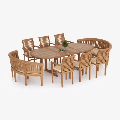 The Range Corfu Teak Garden Dining Table and 10 Seat Chair Set - Teak / Table + 6 Chairs + 2 Benches + Cream Cushions
