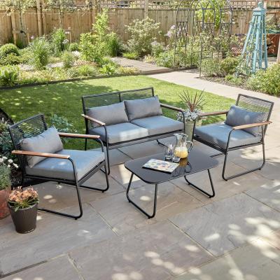 The Range Cove Black Metal 4 Piece Garden Set Padded Cushion Glass Tabletop Outdoor  - Black