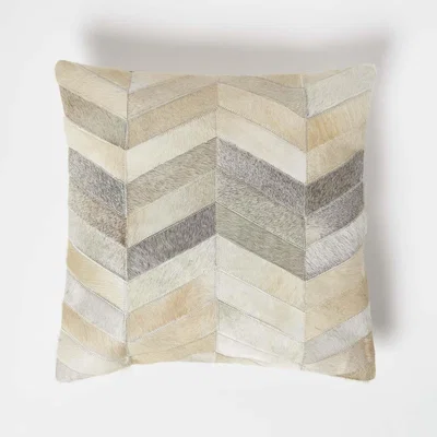 The Range Chevron Cream Grey Leather Cushion - Grey