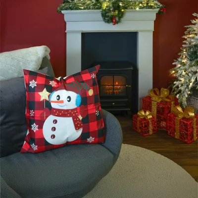 The Range Christmas Themed Cushion Red checkered With Snowman - Red/Black