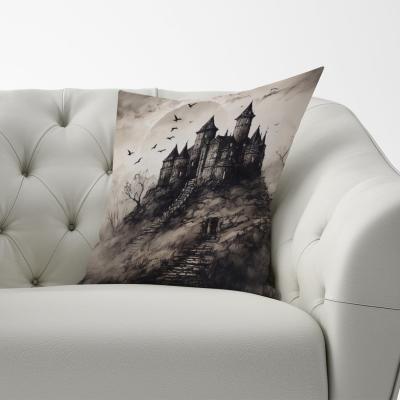 The Range A Realistic Ink Drawing Of A Haunted Castle Cushion - Grey / 60cm