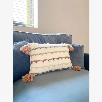 The Range Striped Rectangle Cushion With Tassles - white orange