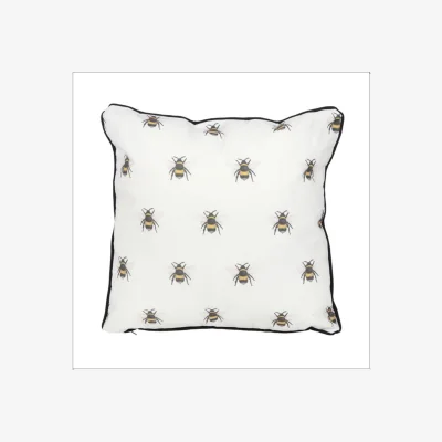 The Range Queen Bee Square Cushion with Piped Black Edging for Bedroom - White