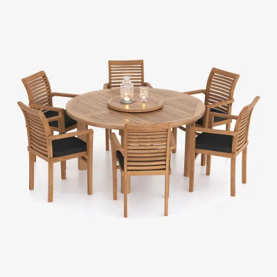 The Range Venlo Teak Garden Dining Table and 6 Seat Chair Set - Teak / Table + 6 Chairs + Black Cushions