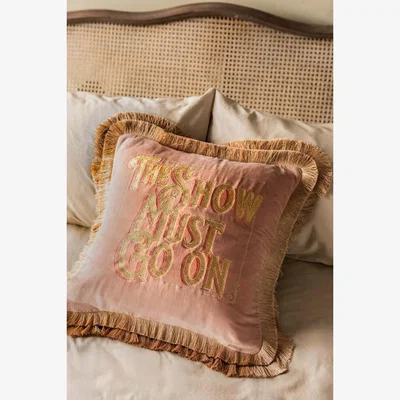 Rockett St George Pink Velvet Double-Fringed Show Must Go On Embroidered Cushion