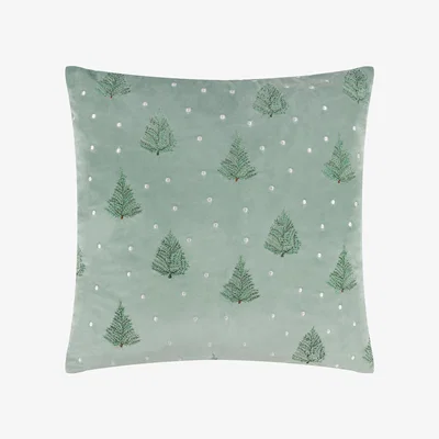 The Range Evergreen Classic Tree Embroidered Cushion - Green / Feather