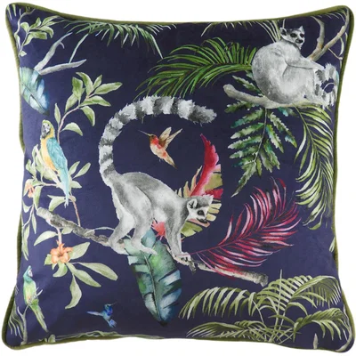 The Range Lemur Jungle Velvet Polyester Filled Cushion, Blue - Blue