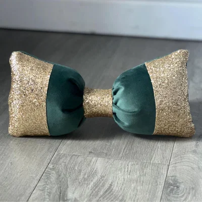 The Range Plush Emerald Green and Gold Corner Sparkly Bow Cushion  - Emerald Green