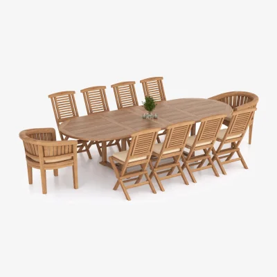 The Range Palermo Teak Garden Dining Table and 10 Seat Chair Set - Teak / Table + 10 Chairs + Cream Cushions