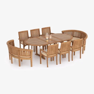 The Range Genoa Teak Garden Dining Table and 8 Seat Chair Set - Teak / Table + 6 chairs + 2 Benches + Black Cushions