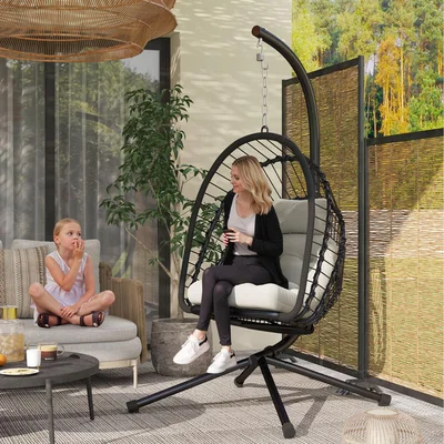 The Range Outsunny Cushioned PE Rattan Hanging Swing Chair with Stand - Black