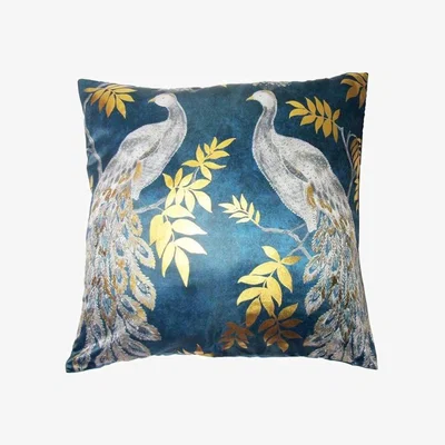 The Range Lazzaro Foil Peacock Bird Printed Filled Cushion - Teal Gold
