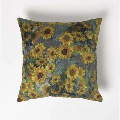 The Range Van Gogh Sunflowers Filled Velvet Cushion - Taupe