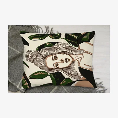 The Range Young Woman In Tropical Leaves Cushion - Green