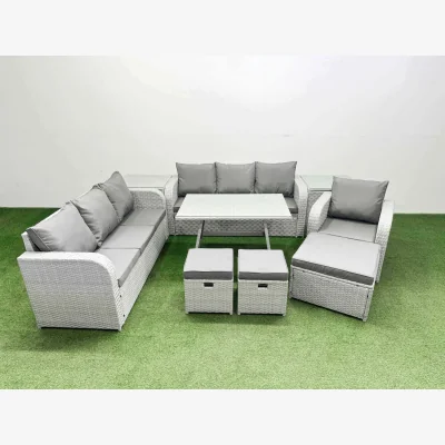 The Range Fimous 9-Piece PE Rattan Outdoor Furniture Set with Recliner & Cushions, Light Grey. - Light grey rattan + dark grey fabric