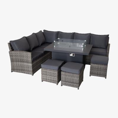 The Range 9 Seater Rattan Garden Furniture Corner Set with Gas Fire Pit Table with Cushion - Grey