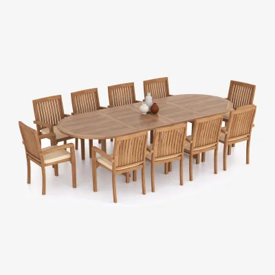 The Range Paris Teak Garden Dining Table and 10 Seat Chair Set - Teak / Table + 10 Chairs + Black Cushions