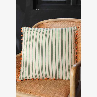 Rockett St George Cotton Green Stripe Cushion with Orange Pom-Poms