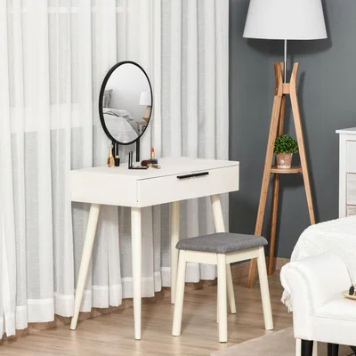 The Range Vanity Table Set With Cushioned Stool - White