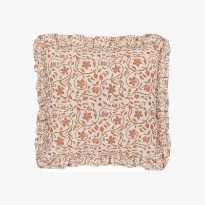 The Range Linen Filigree Printed Ruffle Cushion - Linen/Ochre / 80 Feather 20 Polyester