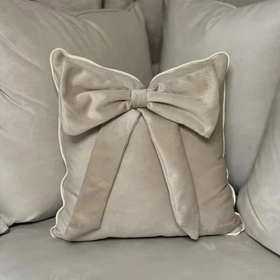 The Range Cream Bespoke Velvet Bow Cushion With Piping  - Cream