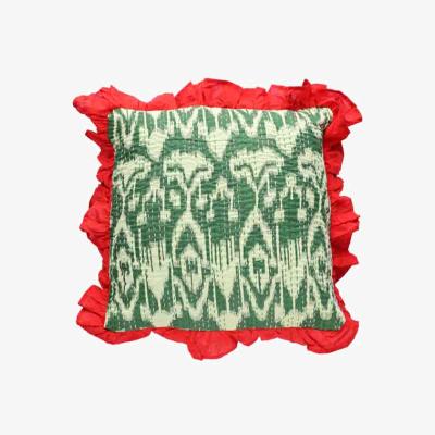 Rockett St George Green Ikat & Red Frill Cotton Cushion