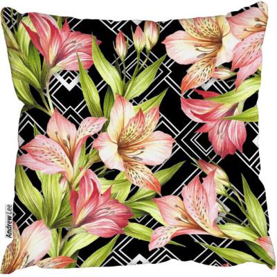 The Range Alstroemeria flowers on abstract white black geometric background Cushion - Green / 60cm