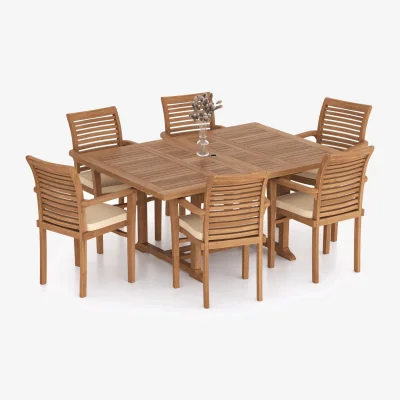 The Range Porto Teak Garden Dining Table and 6 Seat Chair Set - Teak / Table + 6 Chairs + Green Cushions