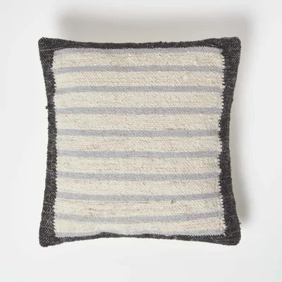 The Range Homescapes Veria Handwoven Grey Stripe Kilim Cushion - Cream