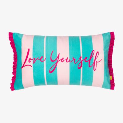 The Range Love Yourself Striped Velvet Polyester Filled Cushion - Aqua/Pink