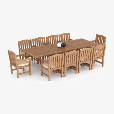 The Range Cologne Teak Garden Dining Table and 10 Seat Chair Set - Teak / Table + 10 Chairs + Cream Cushions