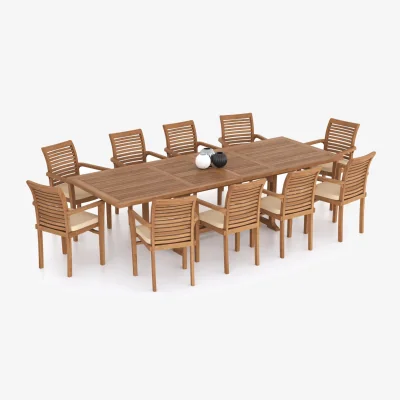 The Range Madrid Teak Garden Dining Table and 10 Seat Chair Set - Teak / Table + 10 Chairs + Black Cushions