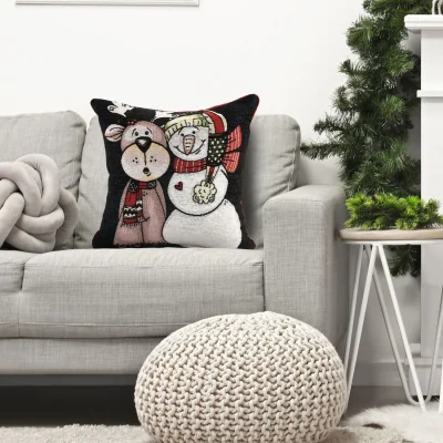 The Range Noel Square Luxury Chenille Xmas Snowman and Reindeer Filled Cushion - Blue