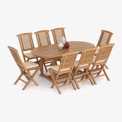 The Range Marseille Teak Garden Dining Table and 8 Seat Chair Set - Teak / Table + 8 Chairs + Cream Cushions
