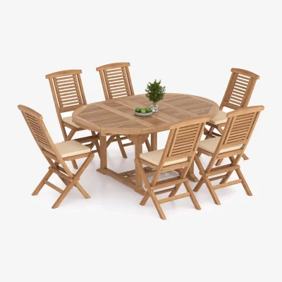 The Range Bruges Teak Garden Dining Table and 6 Seat Chair Set - Teak / Table + 6 Chairs + Black Cushions
