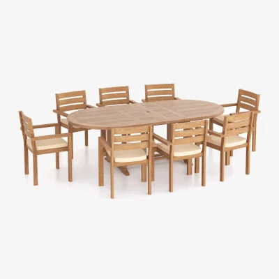 The Range Truro Teak Garden Dining Table and 8 Seat Chair Set - Teak / Table + 8 Chairs + Cream Cushions