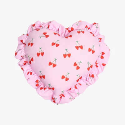 The Range OHS Frill Heart Shaped Cherry Print Cushion - Pink/Green