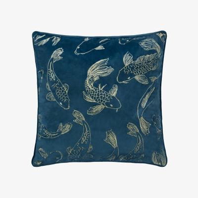 The Range Koi Pond Embroidered Velvet Cushion - Navy / 80 Feather 20 Polyester