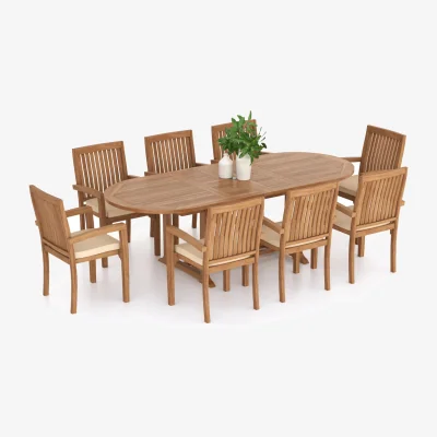 The Range Harpa Teak Garden Dining Table and 8 Seat Chair Set - Teak / Table + 8 Chairs + Black Cushions
