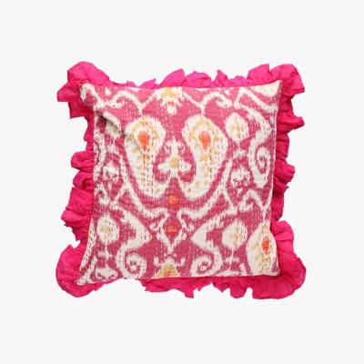 Rockett St George Fuchsia Ikat & Frill Cotton Cushion