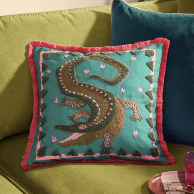 The Range Les Animaux Croc Monsieur Tufted Cushion - Teal - Teal / Polyester