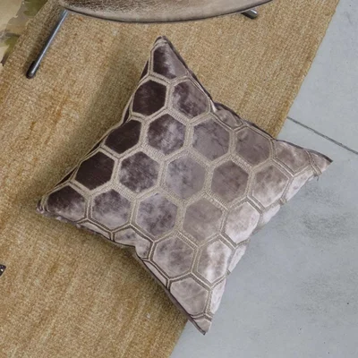 The Rug Seller Manipur Hexagonal Velvet Cushion By Designers Guild in Amethyst Purple