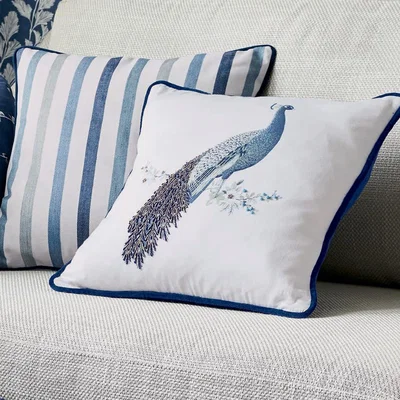 The Rug Seller Peacock Beaded Cushion by Laura Ashley in Midnight Blue&nbsp;40x40cm