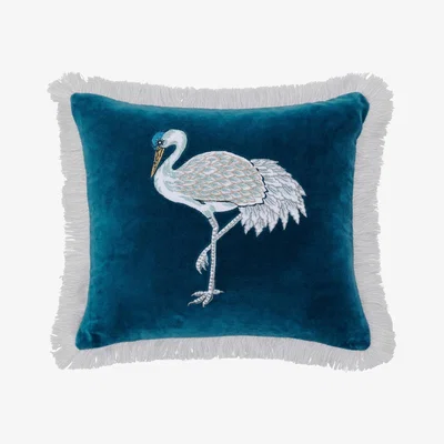 The Rug Seller Crane And Frog Velvet Cushion by Sanderson in Navy Blue&nbsp;45x45cm
