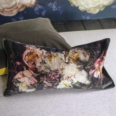 The Rug Seller Designers Guild Fleur De Nuit Pink Floral Cushion in Noir Black
